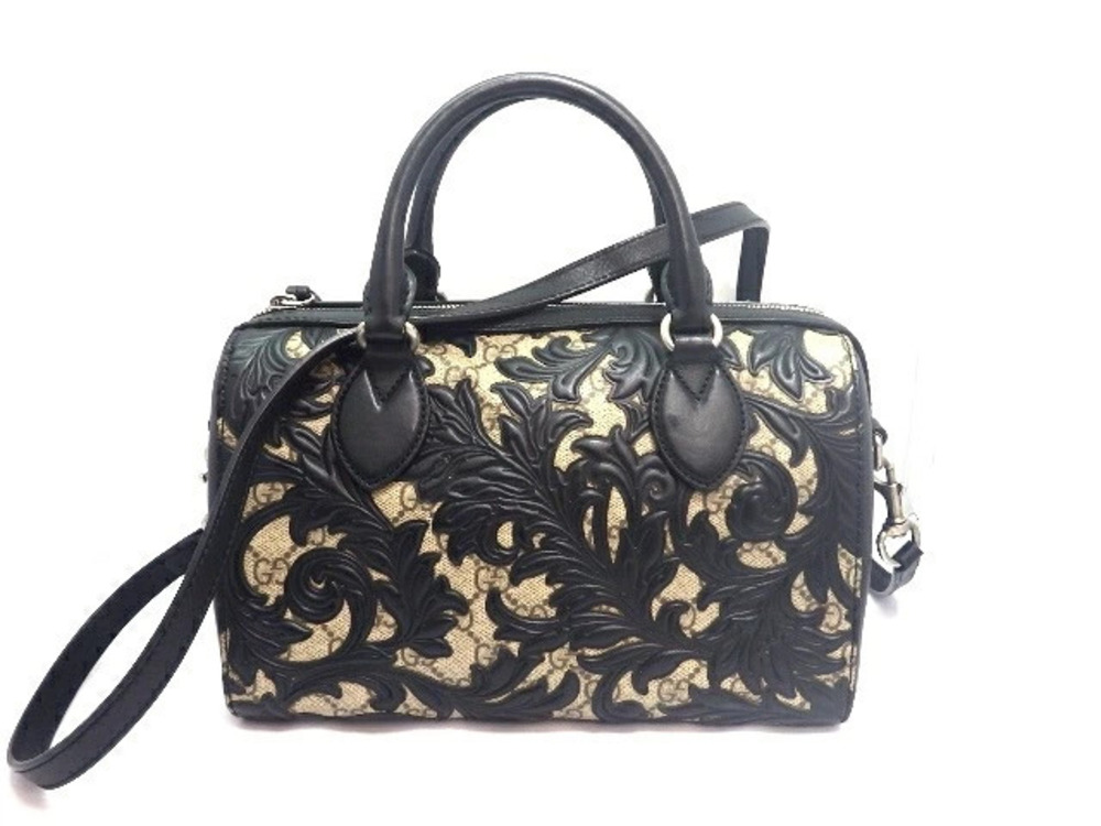 Gucci Handbag Boston Bag GG Supreme Arabesque x Calfskin Beige Cream Black